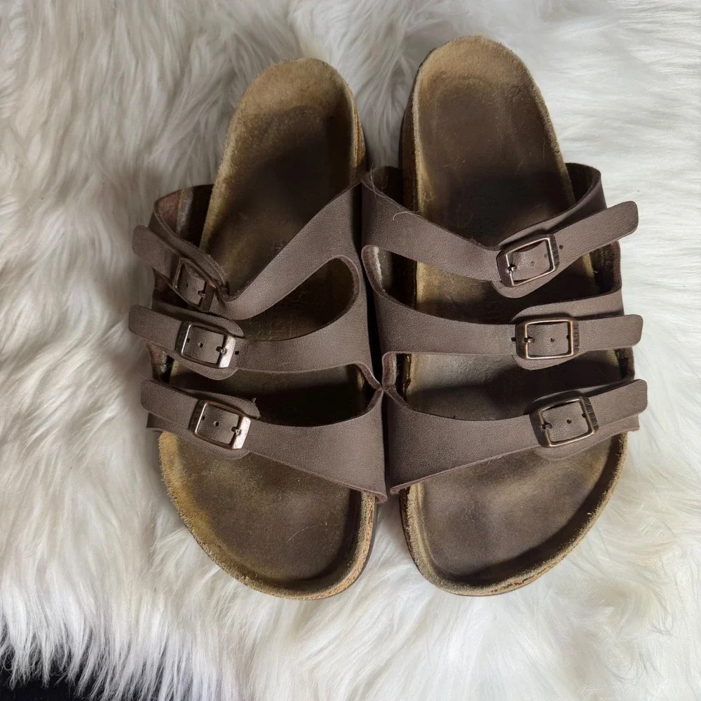Birkenstock Florida Brown Three Strap Birko-Flor Slide Sandals‎ Size 38 L7 M5